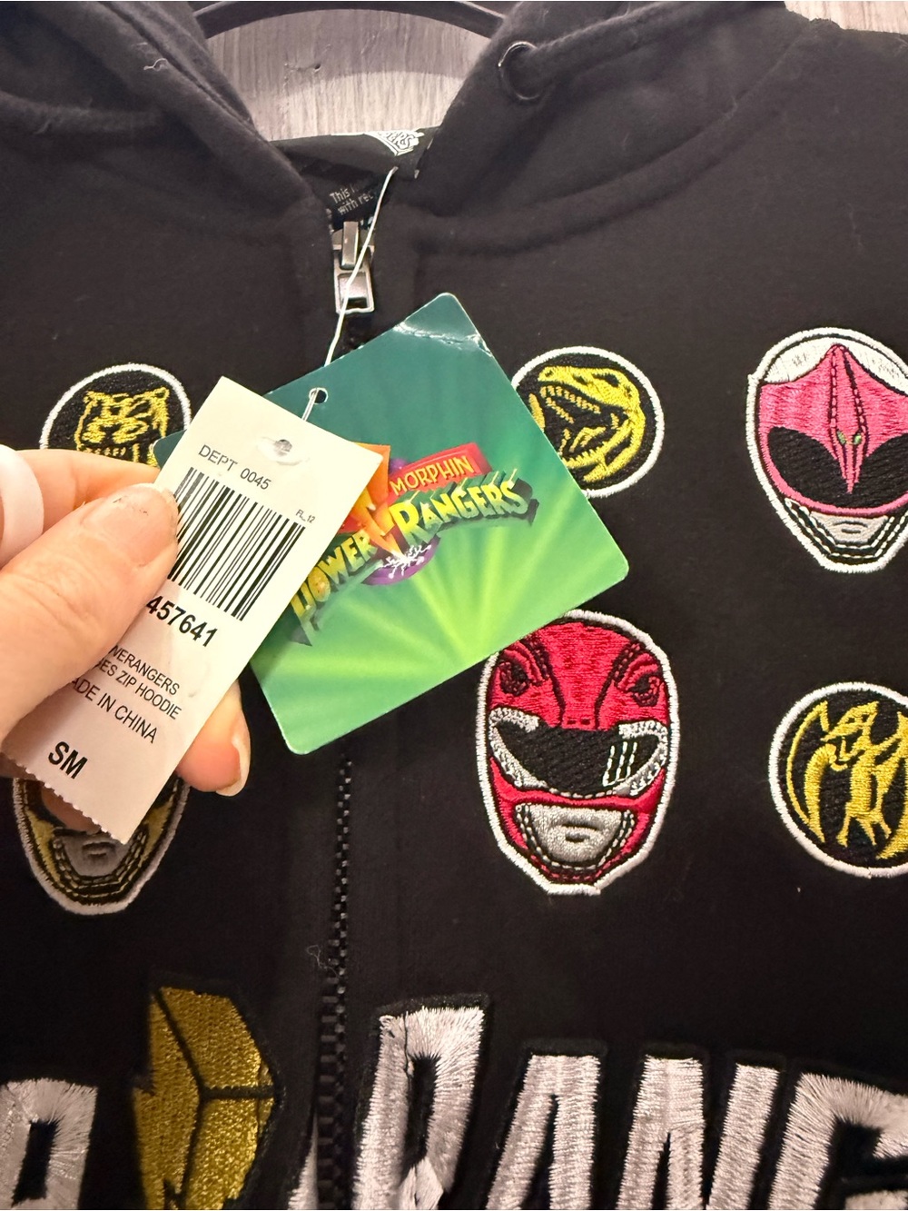 Power Ranger Black Zip-Up Hoodie with Multicolor Ranger Emblems - Picture 2 of 6